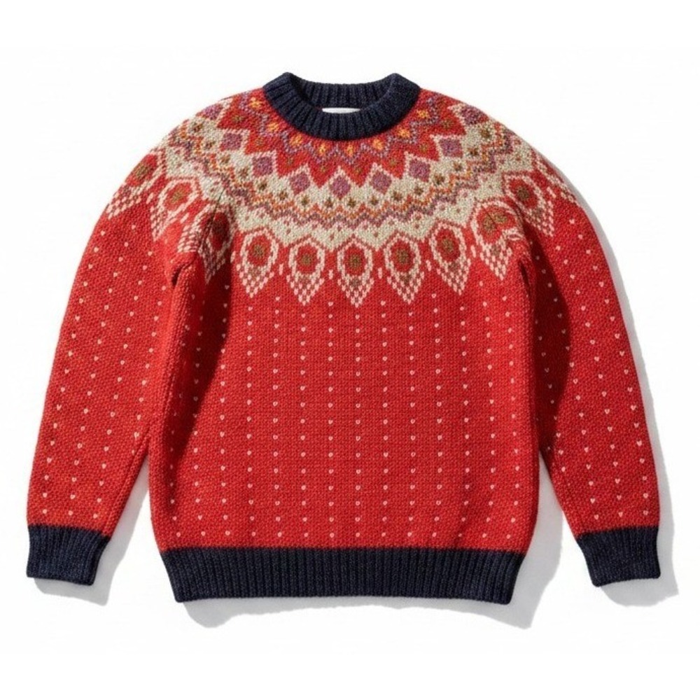 VTG Claudia D. Fair Isle Knit Sweater Red Navy Blue Wool Blend Medium